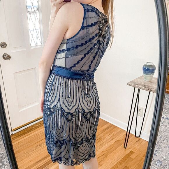 Sue Wong Beaded Sequin Flapper Mini Dress Blue 10 - Picture 3 of 7